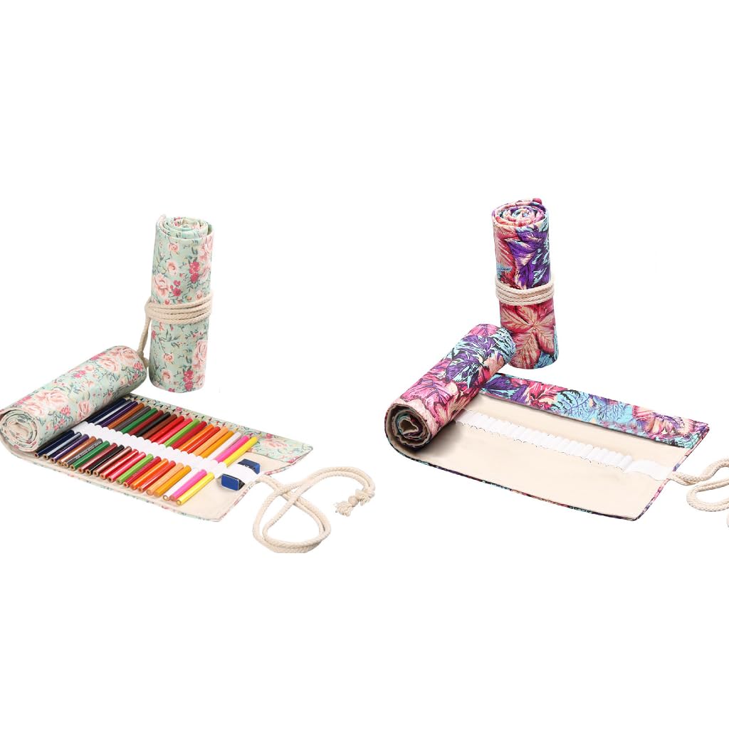 HASTHIP® 72 Slots Canvas Pencil Wrap Case Maple Leaves + 48 Slots Pink Floral Pencil Holder Combo for Sketching, Journaling, DIY, Crafts, Artists, Students, Multicolor, Portable