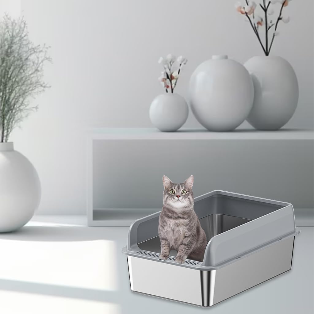 Qpets Cat Litter Box 50x35x20cm for Under 10kg Cats with Anti Tip Base and 304 Stainless Steel Walls | Includes Scoop and 4 Non Slip Mats