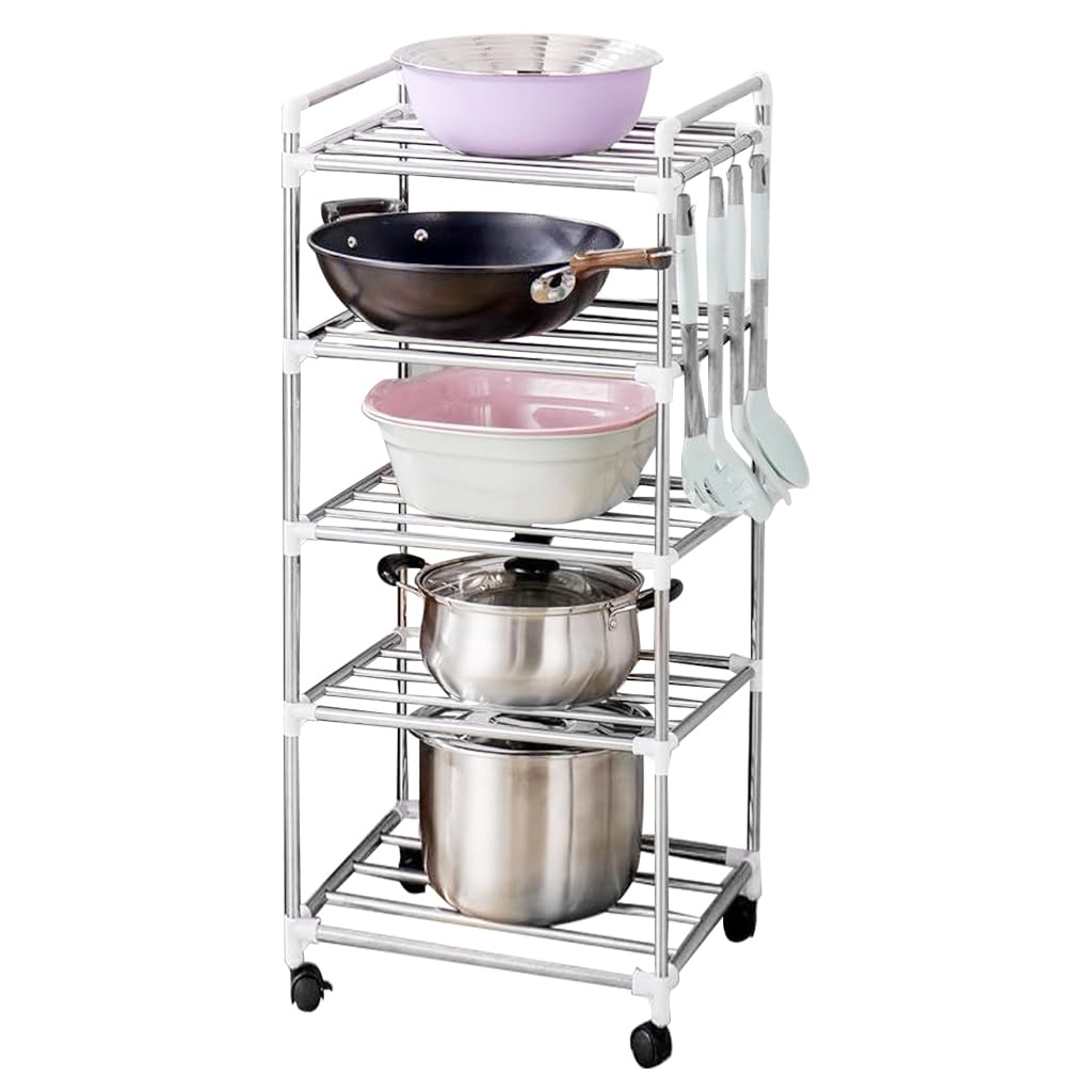 Supvox® Kitchen Organizer with Wheel 5-Layer Stainless Steel Kitchen Shelf Organizer Space Saving Kitchenware Organizer for Pan, Pot, Deep Fry Pot