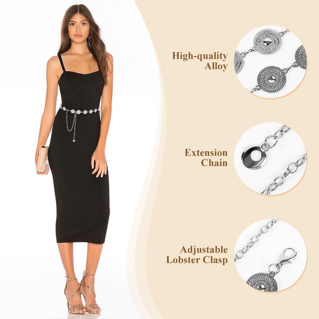 PALAY Belt for Women Dresses featuring Metal Concho Discs and Adjustable Waist Chain | Silver