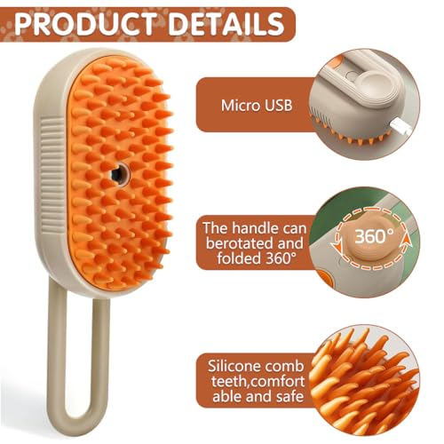 Qpets® Electric Pet Steam Hair Brush Bath-free Pet Hair Cleaning Brush Grooming Brush with Rotatable Handle USB Rechargeable 2 in 1 Steam Massage Brush Pet Hair Brush Remove Mat Shedding