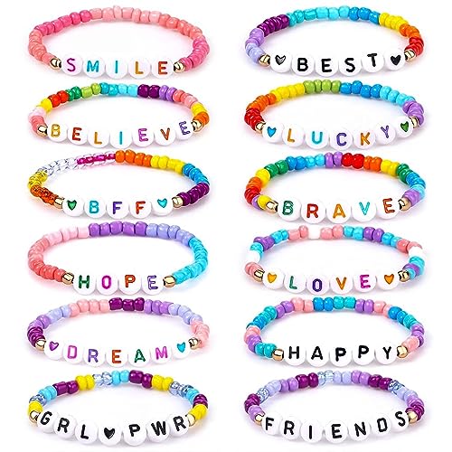 SANNIDHI® 12pcs Heishi Surfer Beads Bracelet for Girls Women, Colorful Elastic Friendship Bracelets Set, Acrylic Letter Seed Beads Cheer Bracelets Bulk, Stackable Kids Jewelry Gift