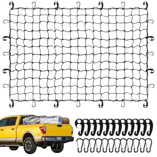 STHIRA® Elastic Cargo Net for Vehicles 47.2x35.4 inches Car Carrier for Luggage with 12 Plastic Hooks & 12 Carabiners Robust Weather-Resistant Mesh Car Roof Carrier Transport Net for Trucks & SUVs