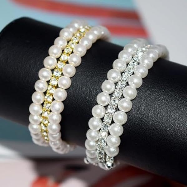 Zibuyu Women's Pearl Bracelet for Weddings with Layered Faux Pearls and Rhinestones | Elegant Party Jewelry