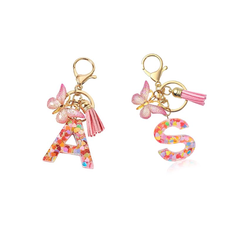 ZIBUYU® Letter A&S Keychain Charm for Girls & Best Friends, Pink Butterfly Clear Resin with Sequins, Metal Keyring for Backpack, Bag Decoration, Stylish Personalized Gift, 1 Piece