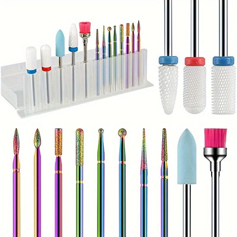 ZIBUYU® 13Pcs Nail Drill Bits with Storage Rack, Assorted Ceramic Drill Bits, Interchangeable Micro Drill Bits Electric File Bits for Acrylic Nail, Gel Nails, Cleaning Cuticles, Smooth, Shaping