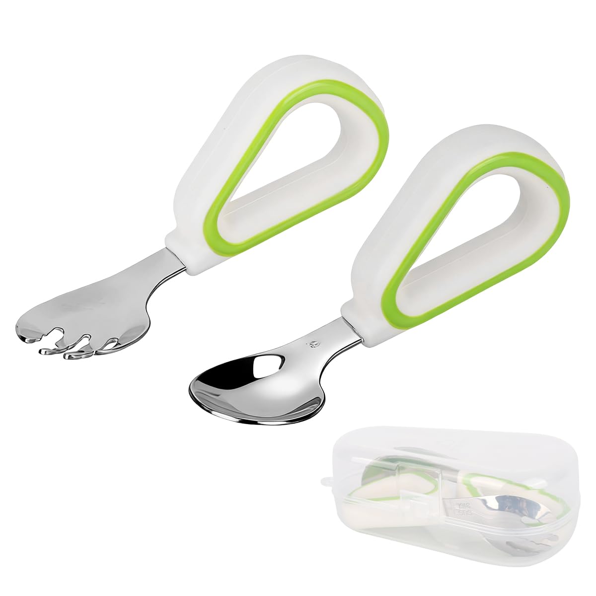 SNOWIE SOFT Toddler Feeding Utensils Set for Self-Feeding with Soft Silicone Loop Handles | 2Pcs Stainless Steel Spoon and Anti-Slip Fork