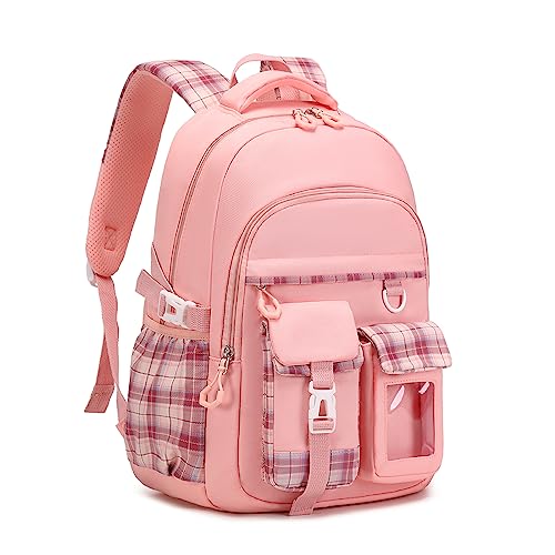 PALAY School Backpack for Girls Pink Plaid Schoolgirls Backpack Book Bag Multi Compartment Waterpoof School Backpack Lightweight Travel Backpack School Gift Birthday Gift for Girls, 46x30x17cm