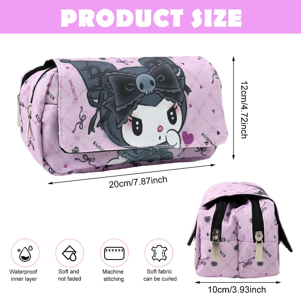 HANNEA® Pencil Case Large Capacity Students pencil pouch Double LayerPencil Bag Pen Case Cute Kuromi Oxford Cloth Pencil Case Stationeries Holder Organizer for Gift School Office Supplies, Purple
