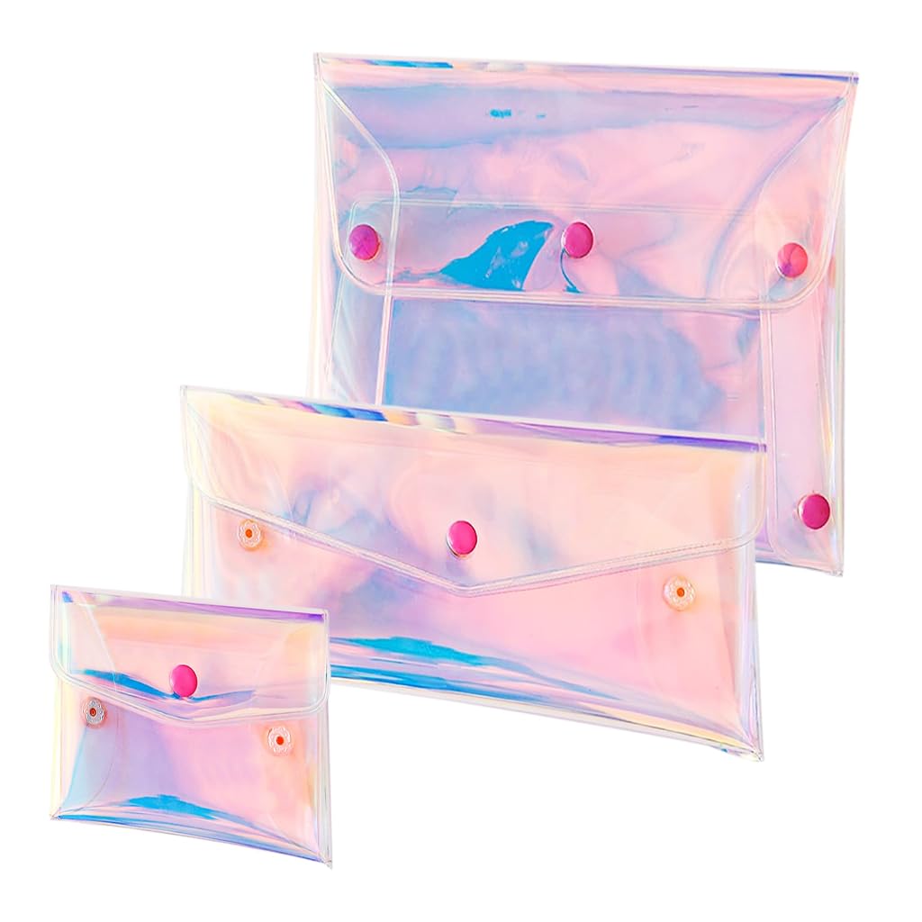 MAYCREATE® 3 Pack Holographic Pouch Clear Makeup Bag Coin Purse Pencil Pouches, Iridescent Cosmetic Storage Bag Jewelry Accessories Organizer for Girls Women Kids - Snap Button, Mix Sizes