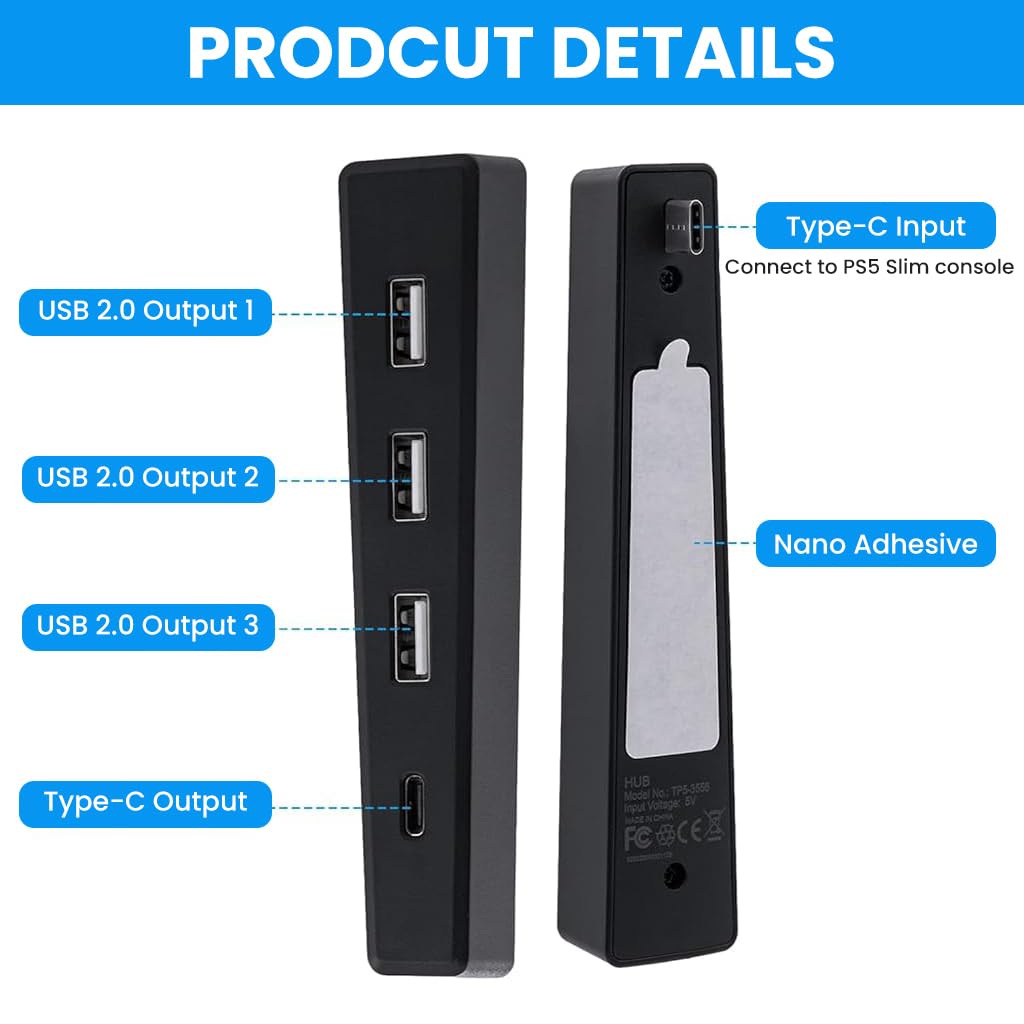 ZORBES USB Hub for PS5 Slim and PS5 Pro with 4 Ports and Stable Type C Connection | Black