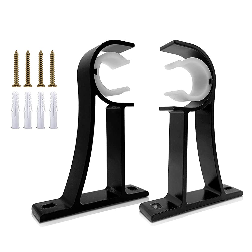 HASTHIP Curtain Rod Brackets for 1 inch Rods with Screw Mount Support | Aluminium Alloy Black 2 Pcs