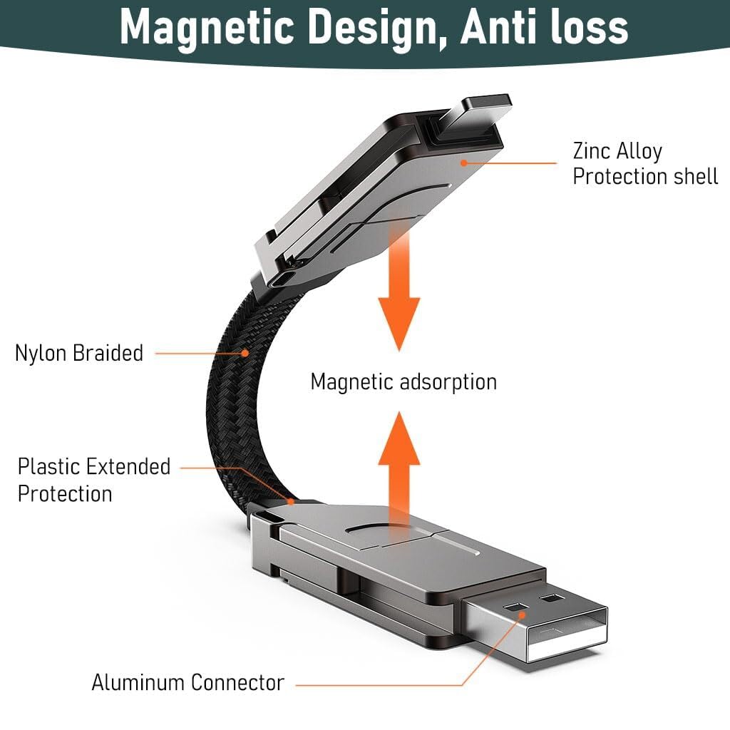 Verilux® 4 In 1 Charging Cable,Usb To Usb C Adapter,Type C To Light- Ning Cable,Usb To Light-Ning Cable,Portable Magnetic Type C To Type C Pd 60W Fast Charging Cable For Iphone,Samsung,Macbook,Black
