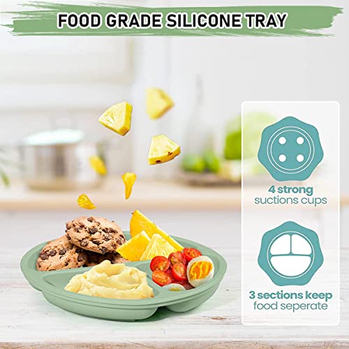 SNOWIE SOFT® Baby Suction Plates for Feeding with 4 Strong Cups Silicone Toddler Deep Divided Kids Themselves Dishwasher Microwave Oven Safe Green 2PCS