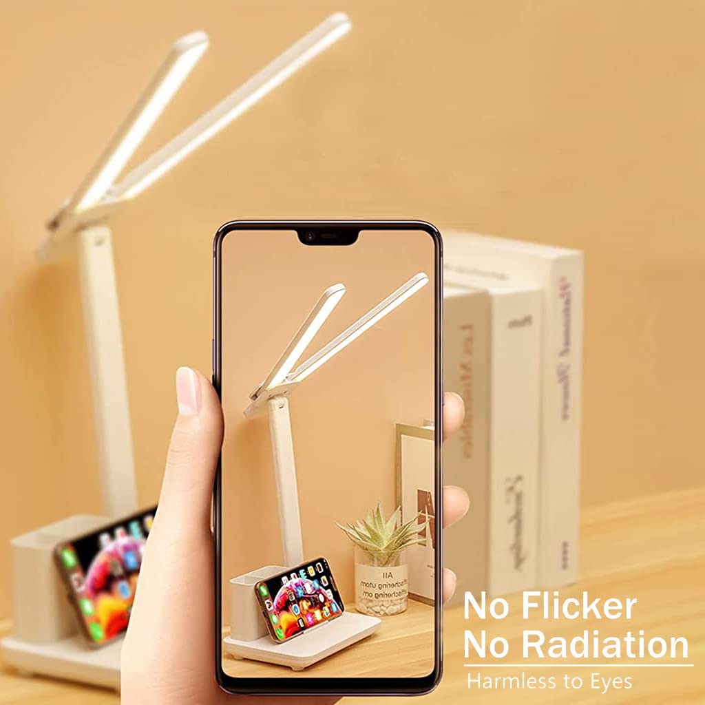 Verilux Table Lamp for Study with Dual Light Tubes and 4000mAh USB Rechargeable Battery | 3 Color Eye Friendly Desk Light