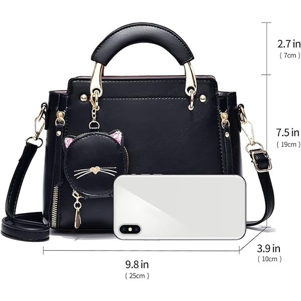 ZIBUYU Hand Bag for Women 24x10x18cm with Detachable Strap and Cat Ear Pouch Black | Daily Use Tote