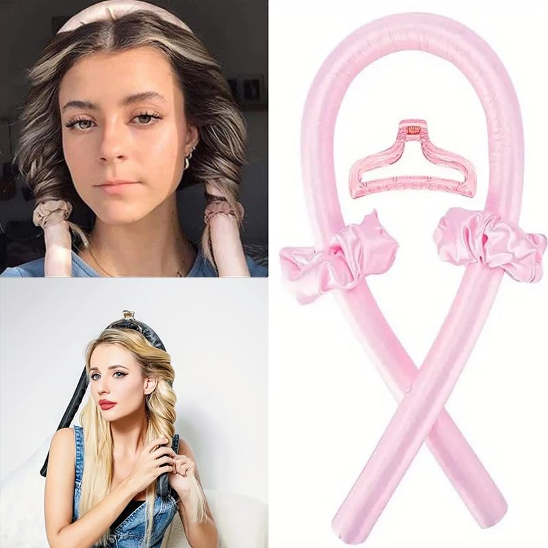 ZIBUYU Heatless Curler for Women with Hair Claw Clip and 2 Scrunchies | Soft Pink Overnight Waves
