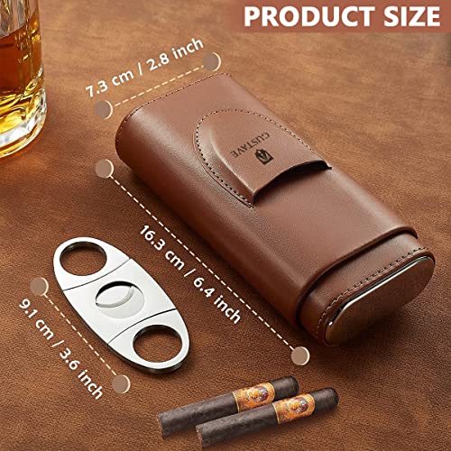 GUSTAVE® Cigar Case Holds Up to 3 Cigars Cedar Wood Lining Travel Leather with Stainless Steel Cutter Gift Set for Man 4PCS
