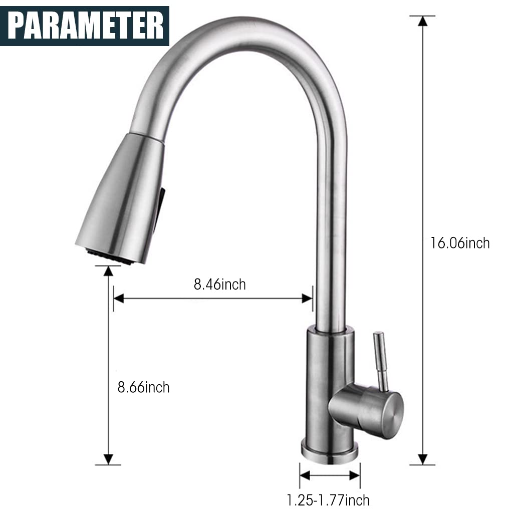 HASTHIP® Kitchen Faucet with Pull Down Sprayer Brushed Nickel, 304 Stainless Steel Kitchen Sink Faucet, High Arc Single Handle, 360° Rotatable, Two Water Outlet Modes, Matte Finish, Swan Neck Spout