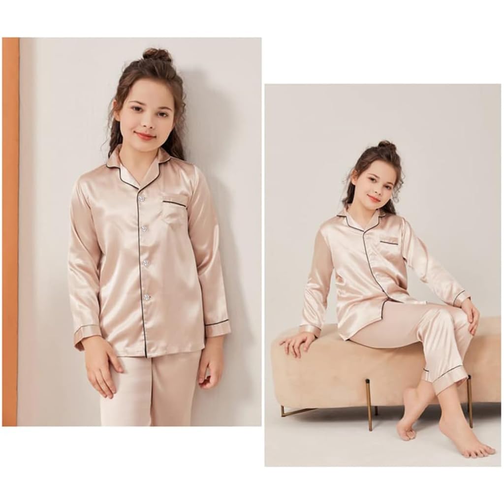 PALAY® Girls Satin Pyjamas Sets Girls Boys Long Sleeve Button-Down Pjs Set 2PCs Silky Nightwear Sleepwear for 3-13Years, Champagne - 140