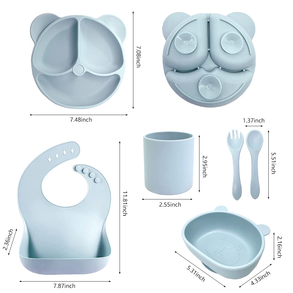 SNOWIE SOFT® 6Pcs Silicone Solid Tableware Kit For Baby, Foodgrade Silicone Tableware Kit With Suction Plate & Bowl Cup Spoon Fork And Bib, Bpa-Free Dishwasher & Microwave Safe Baby Product