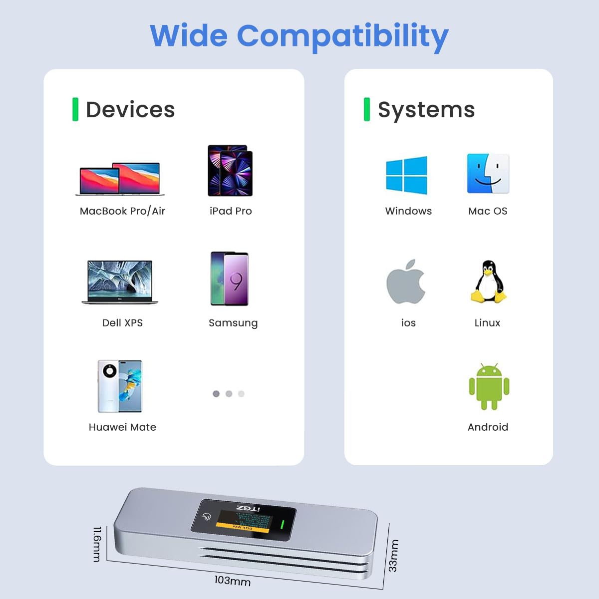 Verilux® Smart M.2 Enclosure with Touchscreen, USB 3.2 Gen 2 10Gbps, Only Compatible with 2280 NVMe/ PCIe and NGFF/SATA SSD, Support M-Key B+M Key, External Enclosure Support UASP Trim