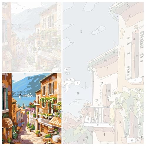 HASTHIP® DIY Paint by Numbers Kit for Adults Pre-Framed European Town Scenery Canvas with Acrylic Paints Brushes Beginner-Friendly Art for Wall Decor Gift 16x20 Inch No Frame 2PCS