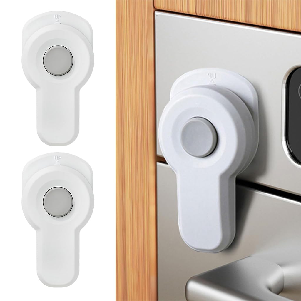 SNOWIE SOFT® 2Pcs Child Safety Door Lock Child Proof Drawer Lock Cabinet Lock Self Adhesive Safety Lock with Release Button Kids Safety Door Lock for Cabinet, Drawer, Oven, Dishwasher