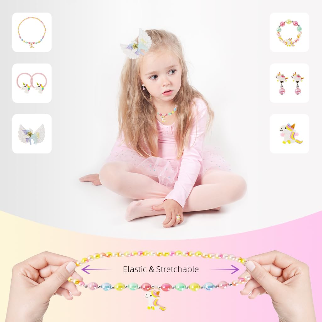 SANNIDHI Unicorn Kids Jewellery Set for Girls Pearl Beads Bracelet, Necklace, Earrings, Ring Combo Kit for Party Costume Bracelet Necklace Set for Kids Girls Birthday Gift for Girls - 8 Pcs