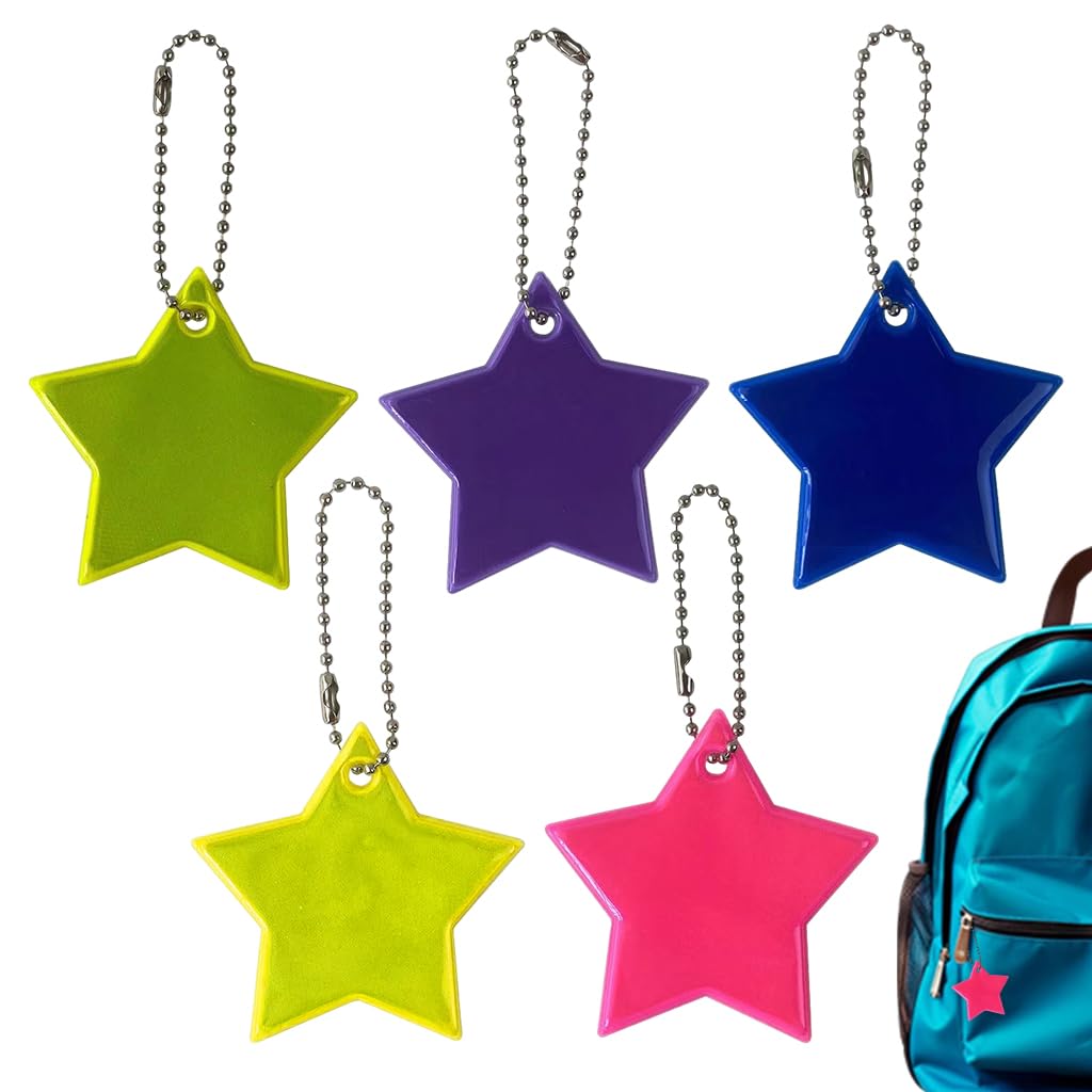 PALAY® 5Pcs Safety Reflector Pendant for Backpack Star Reflective Pendent Tags High Visibility Color PVC School Bag Reflector for Cycling Running Camping