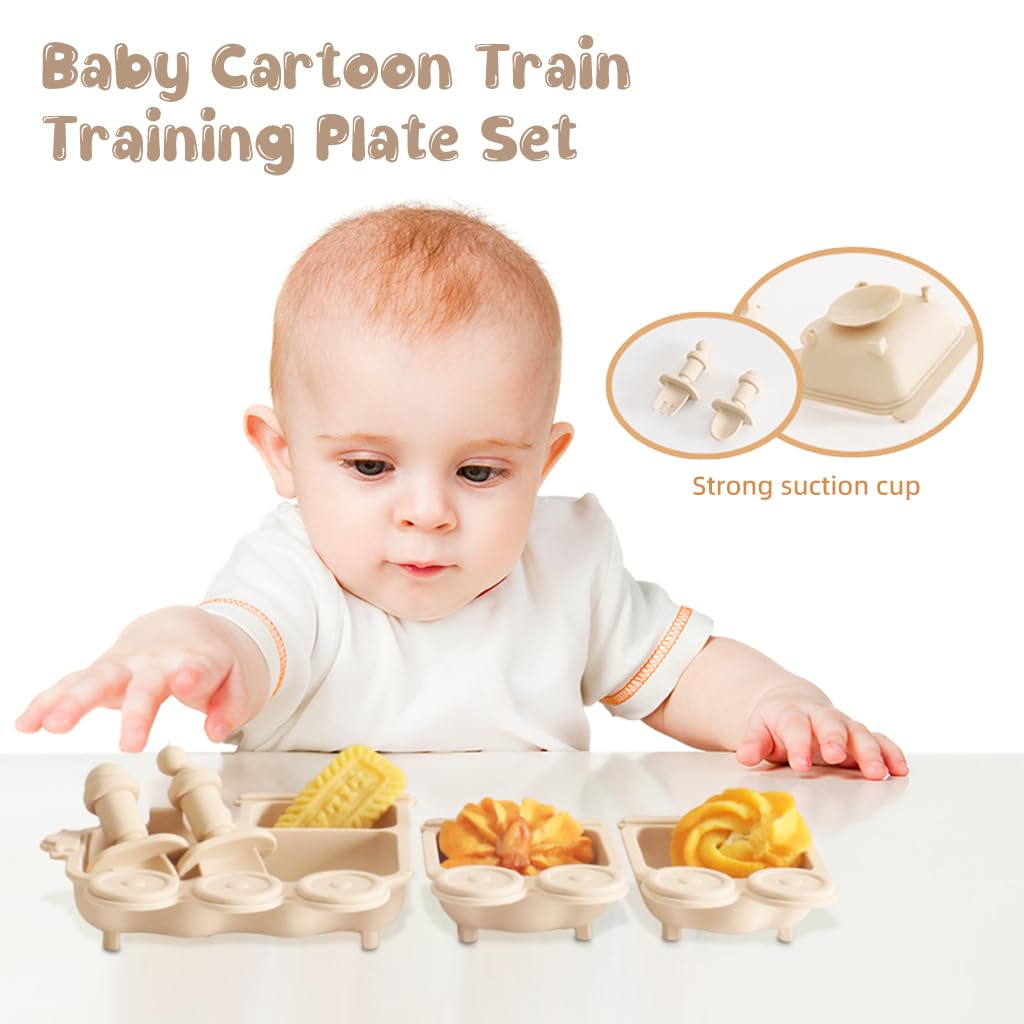 SNOWIE SOFT® Silicone Baby Feeding Set Silicone Snack Plate with Lid BPA-free Food Grade Silicone Food Plate Cartoon Train Shaped Food Plate with Baby Fork & Spoon Food Plate Set for Toddler