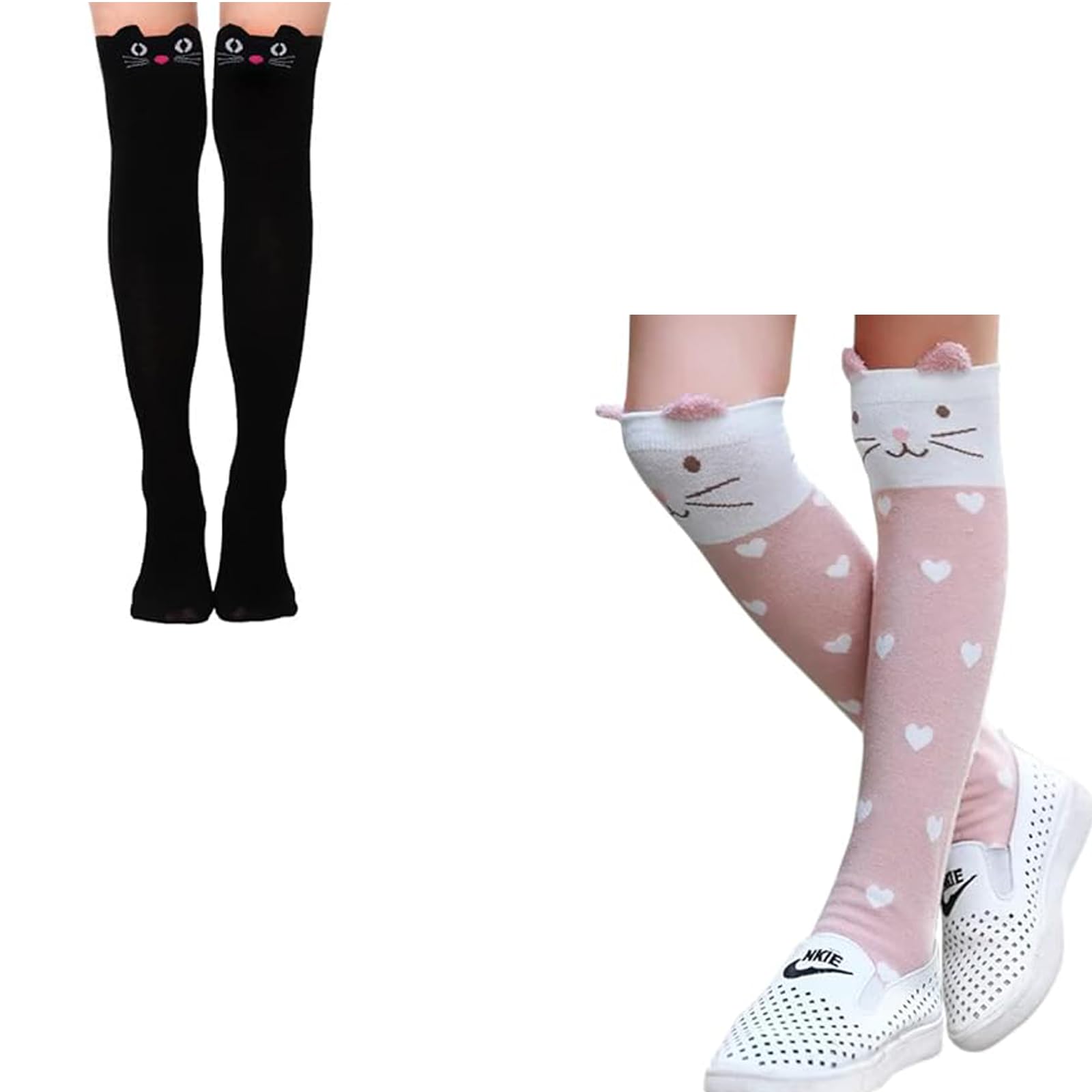 Zibuyu Cotton Long Socks for Girls with Anti Slip Elastic Edge and Cute Kitty Design | 40–42 cm Knee High Warm Winter Gift
