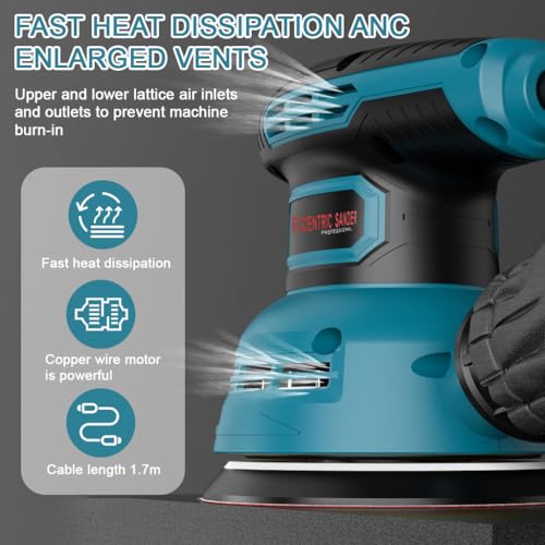 Serplex® 300W Electric Sander Tool with 5pcs Sandpaper Low Vibration 5000-12000RPM Electric Palm Sander 6 Variable Speeds Woodworking Hand Sanders for Sanding and Polishing