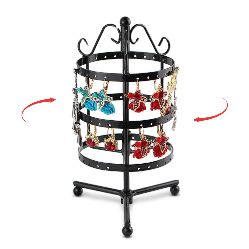 MAYCREATE® Hoop Earrings Organizer for Women, 3 Tier Rotating Earring Organizer Box Storage Rack, Iron Art Earrings Holder for Over 50 Pairs, Display Stand for Dangle, Hoops Earings (Black)