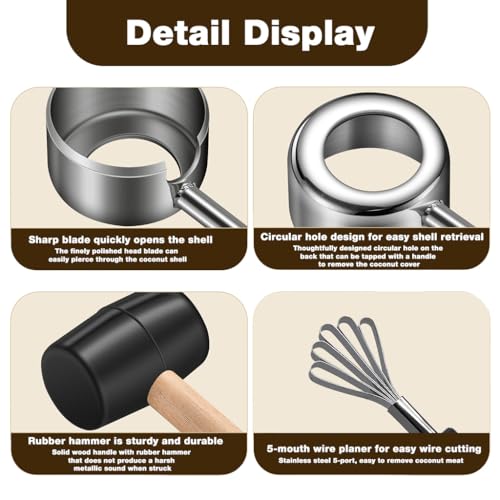HASTHIP® Set of 3Pcs Coconut Opening Set,Coconut Opening Tools,Opener Stainless Steel Looped-Claw Meat Scraper Punch Hammer with Wooden Handle