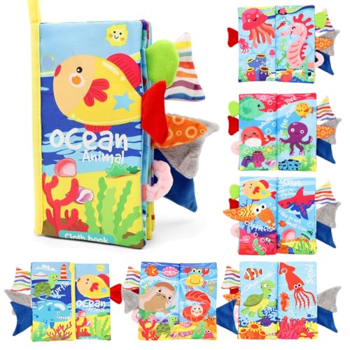 SNOWIE SOFT® Ocean Theme Cloth Books for Babies 0 to 3 Years, Soft Toys Sensory Books for Babies 6-12 Months with 3D Touch Feel High Contrast Dimensional Tails, Early Educational Waterproof Baby Toy