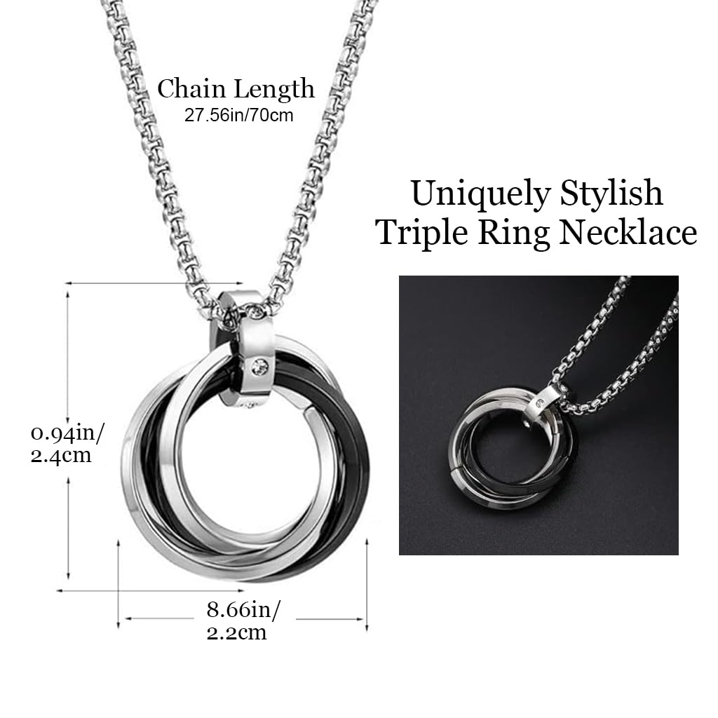 Zibuyu Ring Necklace for Men 27.56 in featuring Triple Interlocking Rings and Alloy Design | Ideal Gift for Couples