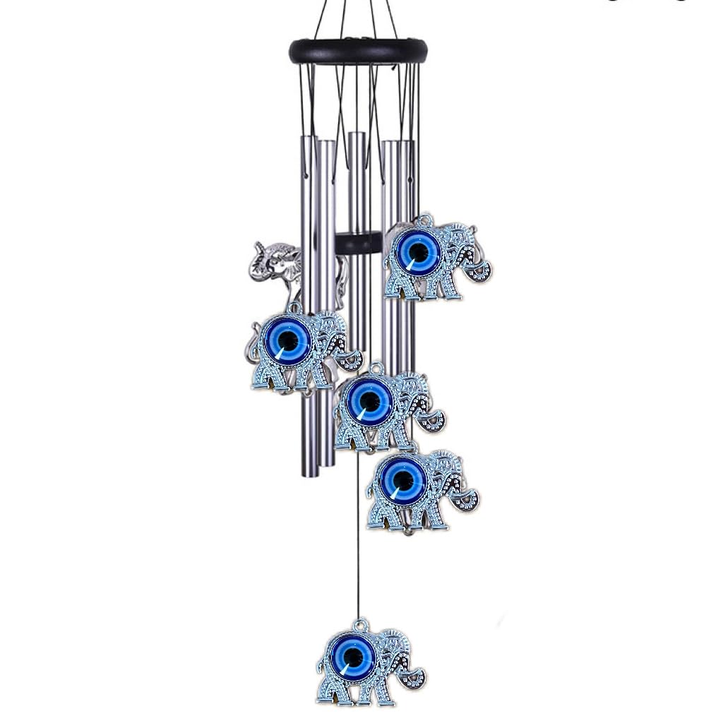 HASTHIP® Wind Chimes for Balcony - 70cm Aluminum Hanging Bell with Guardian Charm – Blue Eye, Owl, Butterfly, Sun & More – Indoor Garden Decoration, Feng Shui Gift(Blue Elephant)-Patterned