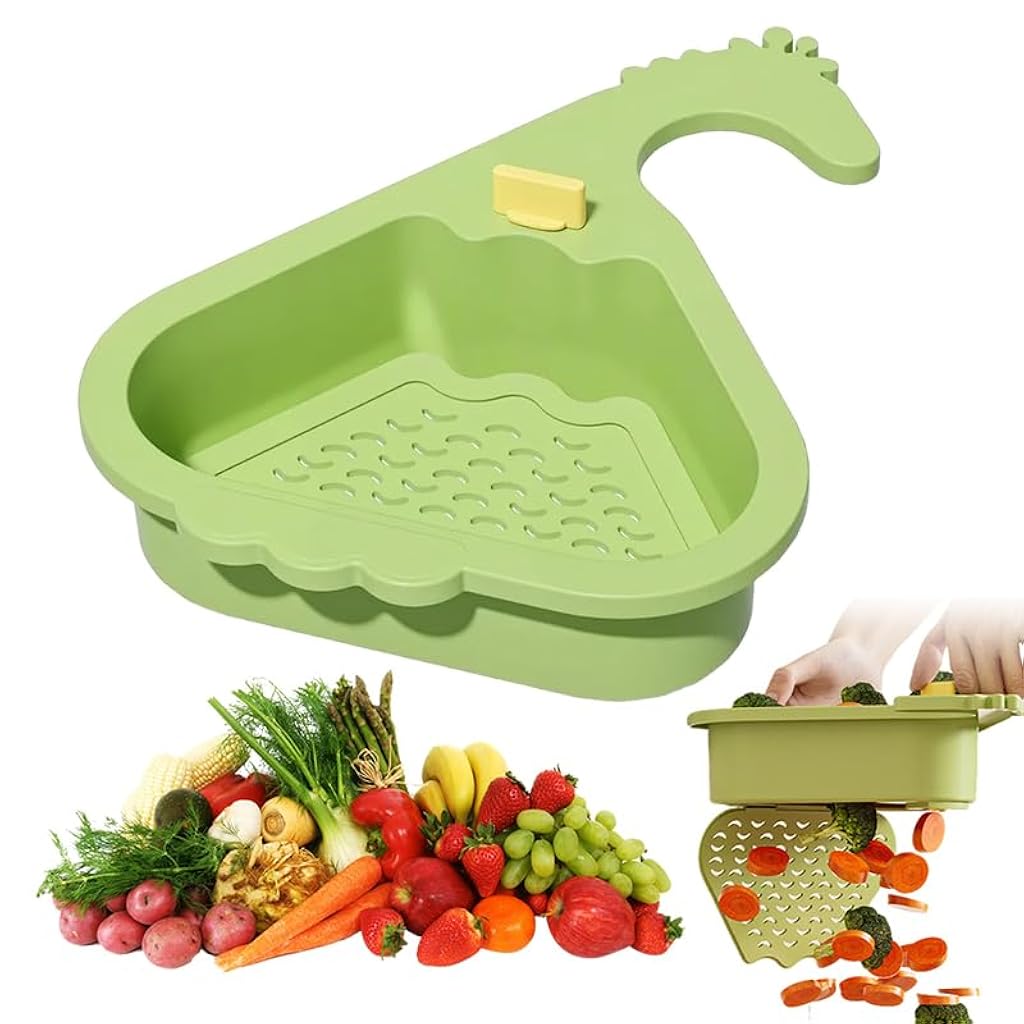 Supvox® Sink Corner Rack, Upgraded Automatic Dumping 3 in 1 Corner Kitchen Sink Drain Strainer, Food Waste Catcher Sponge Holder Drain Basket-Green