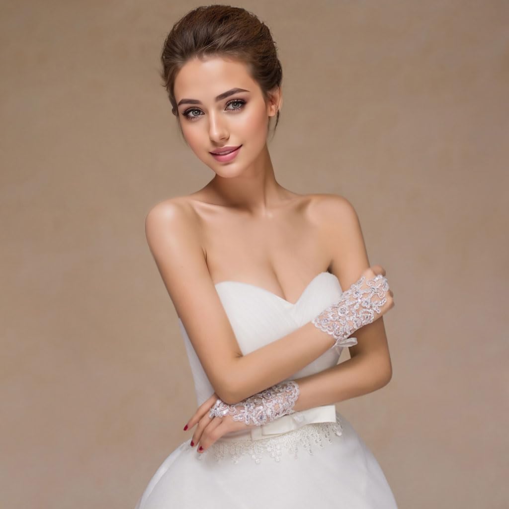 Zibuyu Elegant White Lace Fingerless Gloves for Weddings and Parties | Stretch Mesh Bridal Accessory