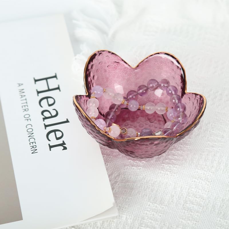 Supvox Jewelry Tray for Rings and Snacks featuring 3.5 in Petal Shape Hammered Pink Glass Bowl | Gold-Rimmed Home Decor