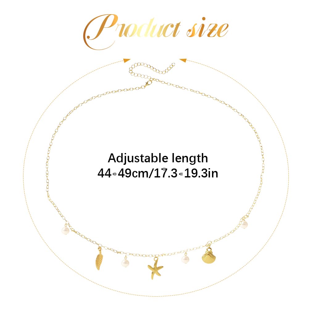 SANNIDHI Necklace for Women featuring Seashell Starfish Charms and Pearls | 16.5 in Adjustable Stainless Steel Chain