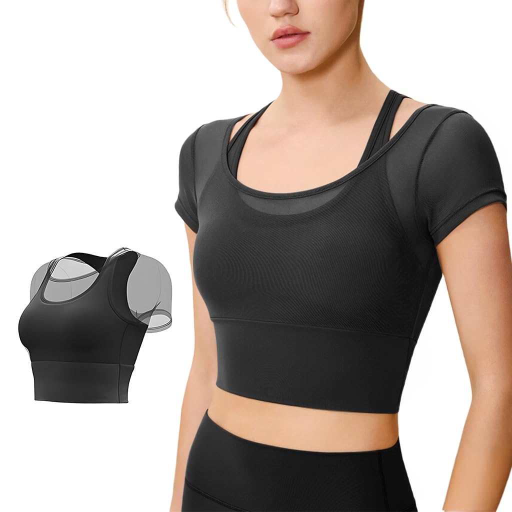 SANNIDHI Women’s 2 in 1 Yoga Workout Top with Built In Sports Bra featuring Nylon Spandex Blend | Medium Support Gym Shirt for Active Sessions