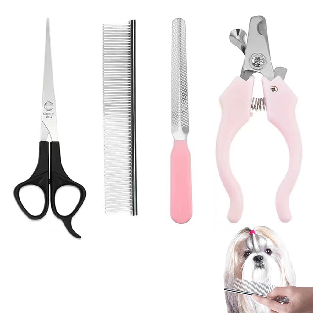 Qpets® Pet Grooming Kit, Dog Grooming Scissors Clippers for Cats Dogs, Pet Hair Trimmer Dog Hair Comb Spring Loaded Stainless Steel Pet Nail Clipper - 4 Pcs