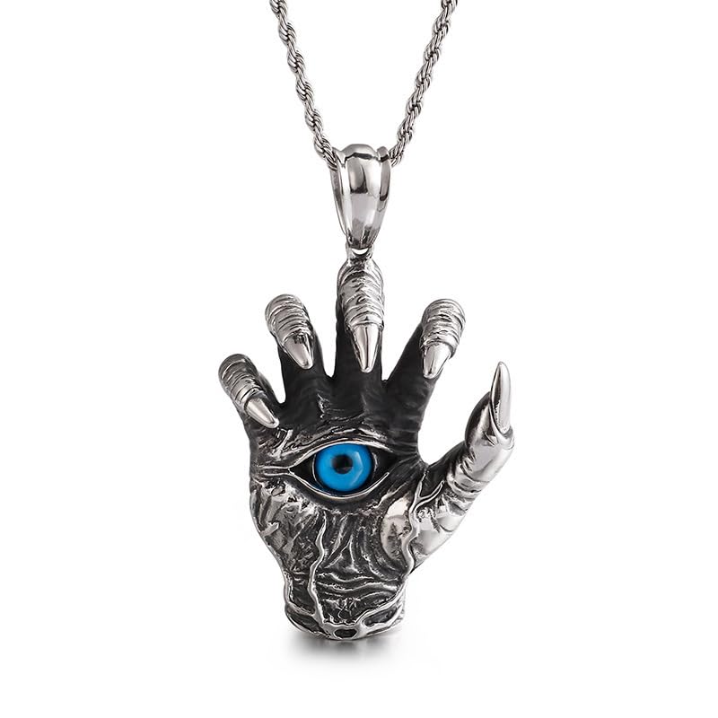 Proberos® Gothic Steel Mens Vintage Skeleton Hand Spiked Claw Blue Evil Eye Pendant Necklace, 30 Inches Chain