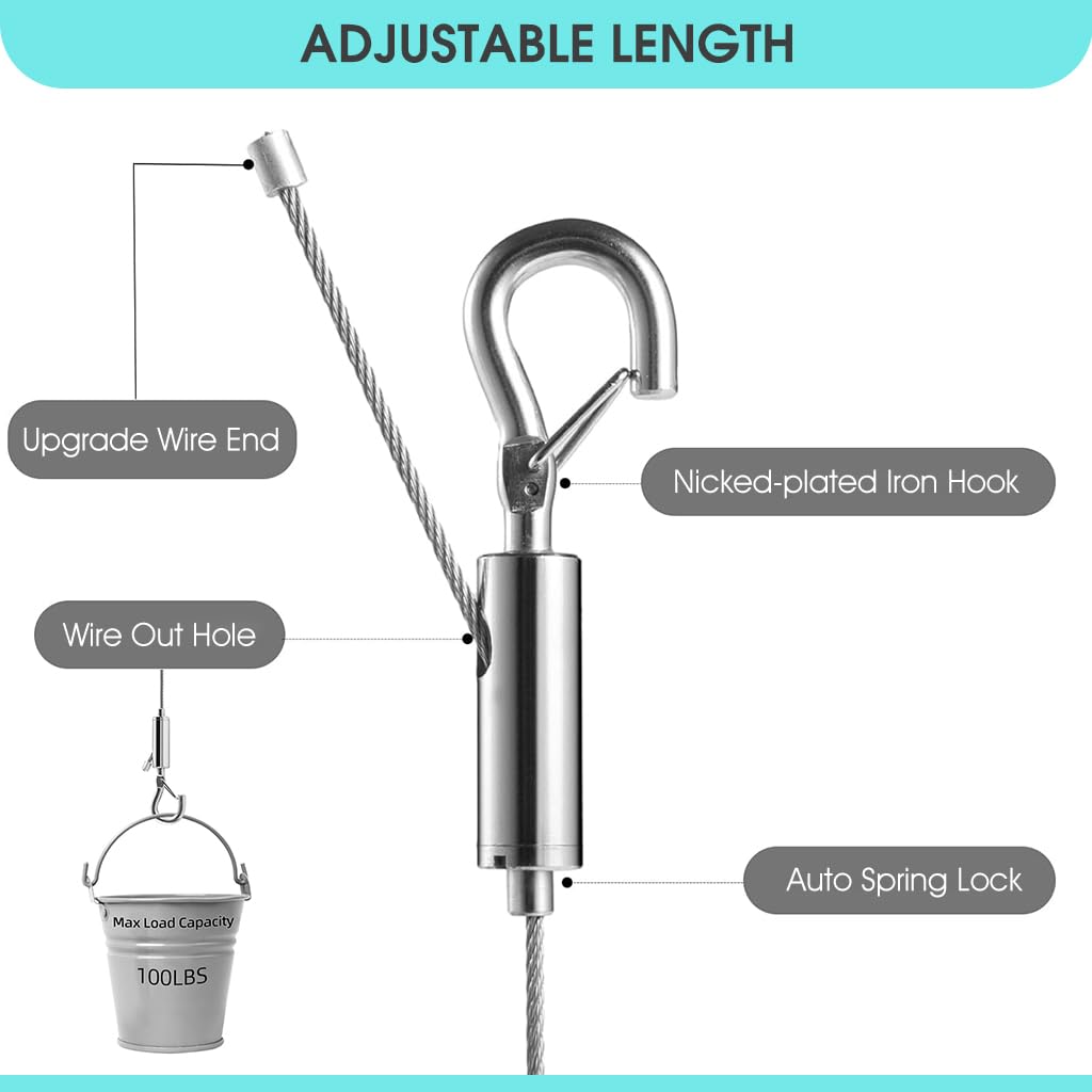 HASTHIP Hooks for Picture Hanging with 1m Adjustable Stainless Steel Wire under 50kg | 2Pcs Set