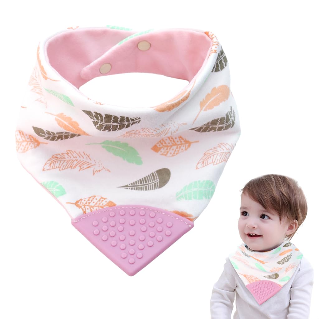 SNOWIE SOFT® Baby Bib Cotton Bandana Bib Adjustable Snap Button Design Teething Bib with Teether Corner Feeding Bib Fashion Print Baby Bib-Pink