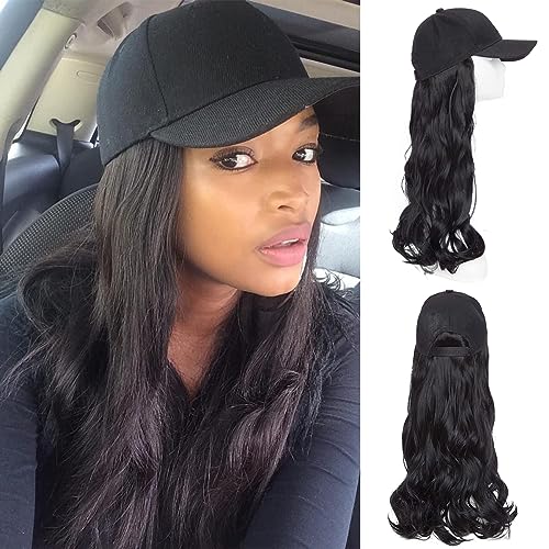 MAYCREATE® Baseball Cap with Hair Extensions for Women, Adjustable Wavy Hair Wig Cap for Girls, Black K-pop Style Hat with 24in Long Synthetic Wig Attached