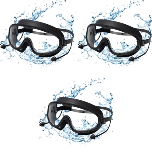 Proberos® Swim Goggles for Adult with Intergrated Ear Plugs Big Frame Competition Professional Swim Goggles Swimming Anti-Fog Diving Goggles for Surfing Kayaking Black X3