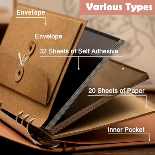 HASTHIP® DIY Photo Album Kit 52 Sheets 104 Pages Scrapbook Book with Vintage PU Leather Cover for 4-6 Photos Memory Wedding Baby Family Travel Birthday Christmas 104PCS